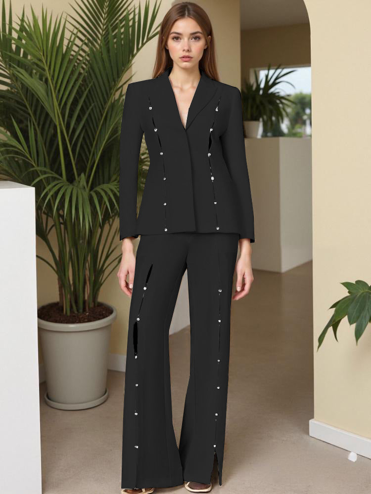 Metal Decorative Strip Embellished Design Trousers Slim Fit Long-sleeve Suit