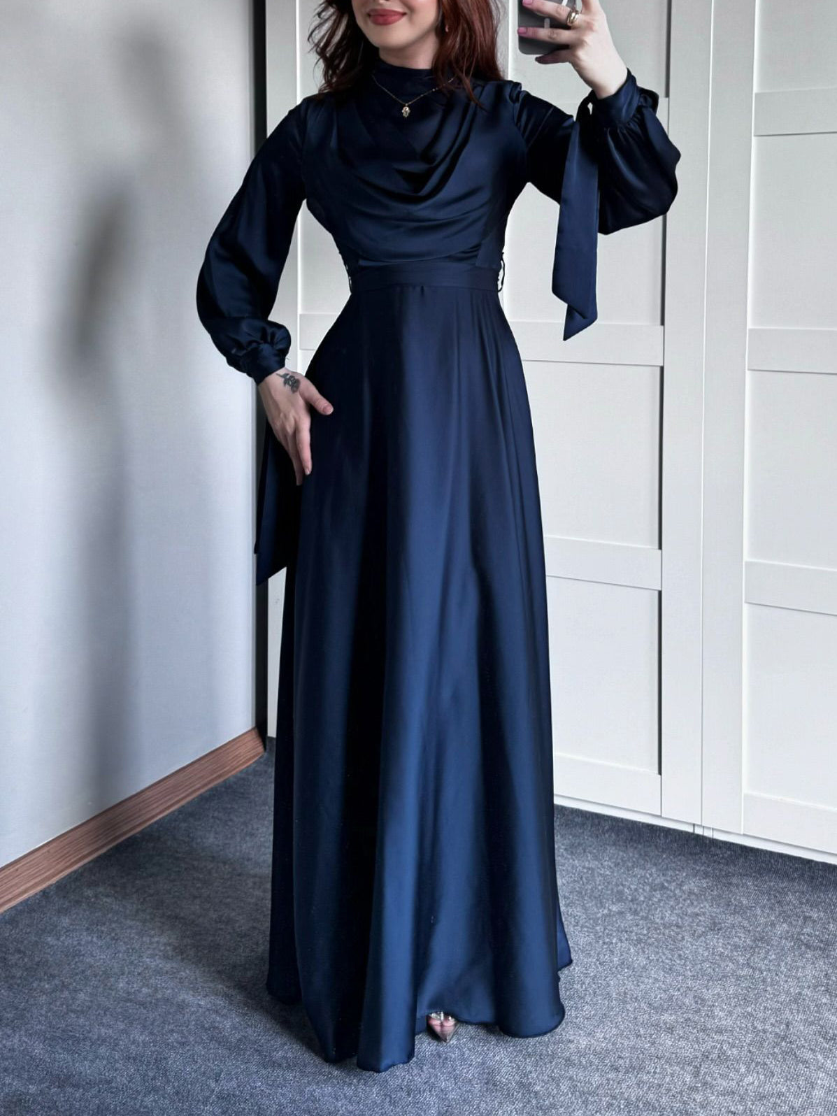 Satin Plunge Neck Long Sleeve Maxi Dress | Evening Gown