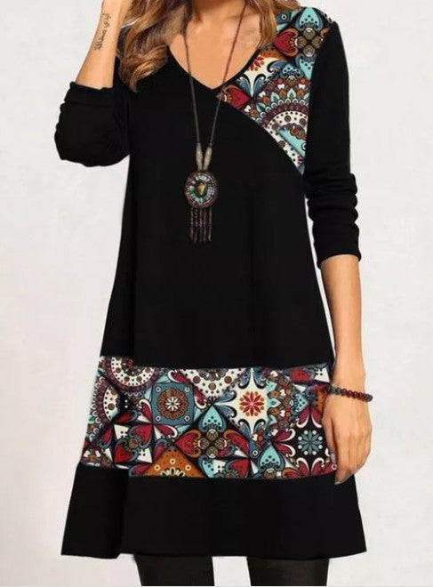 Women's Irregular Patchwork Print V-neck Long-sleeved Dress