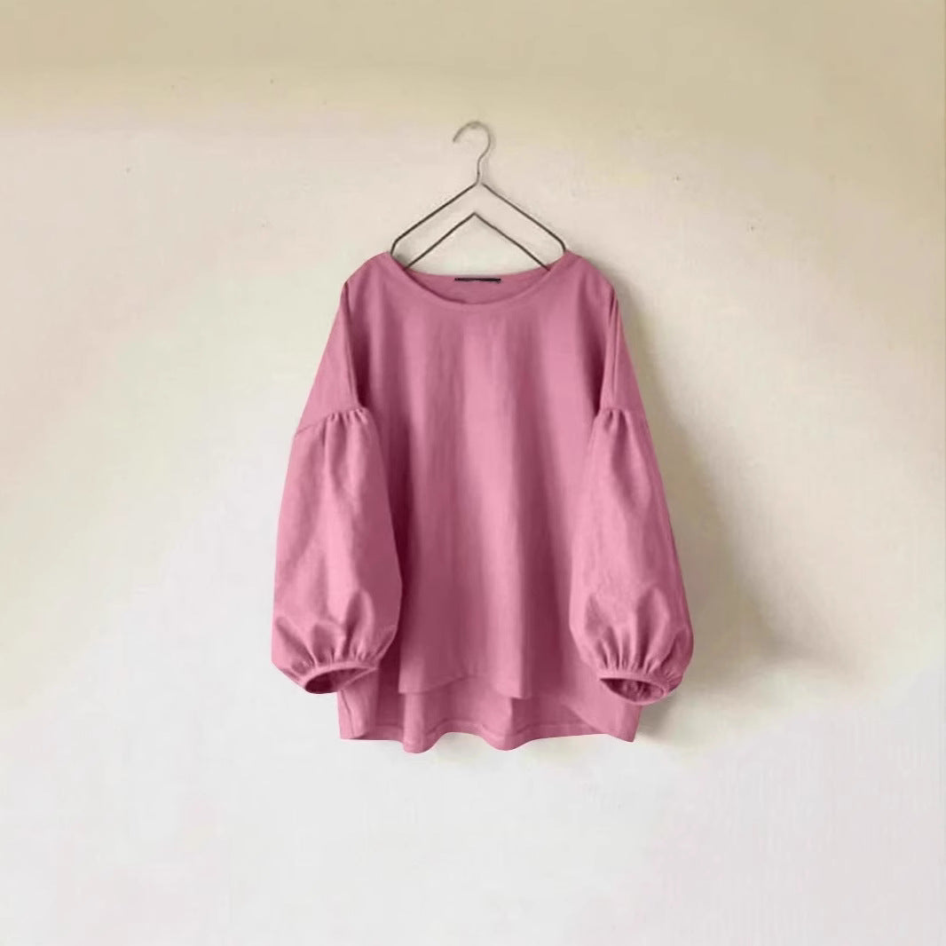 Women's Loose-fit Vintage Crew-neck Shirt With Puff Sleeves