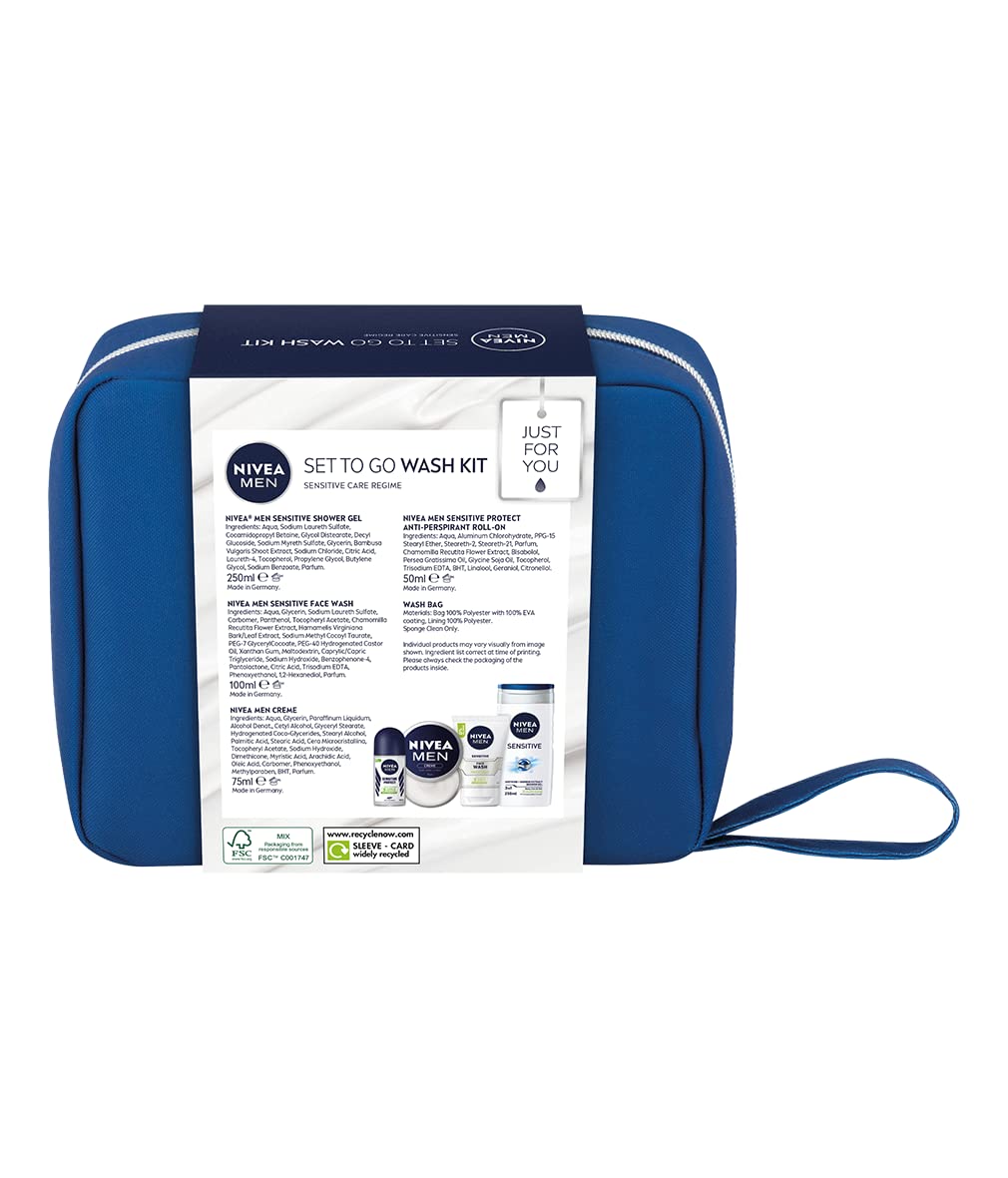 NIVEA MEN Set To Go Wash Kit Gift Set (5 Pieces), Men's Gift Set Includes Shower Gel, Face Wash, Anti-Perspirant Roll-On, Moisturising Cream and Hanging Wash Bag