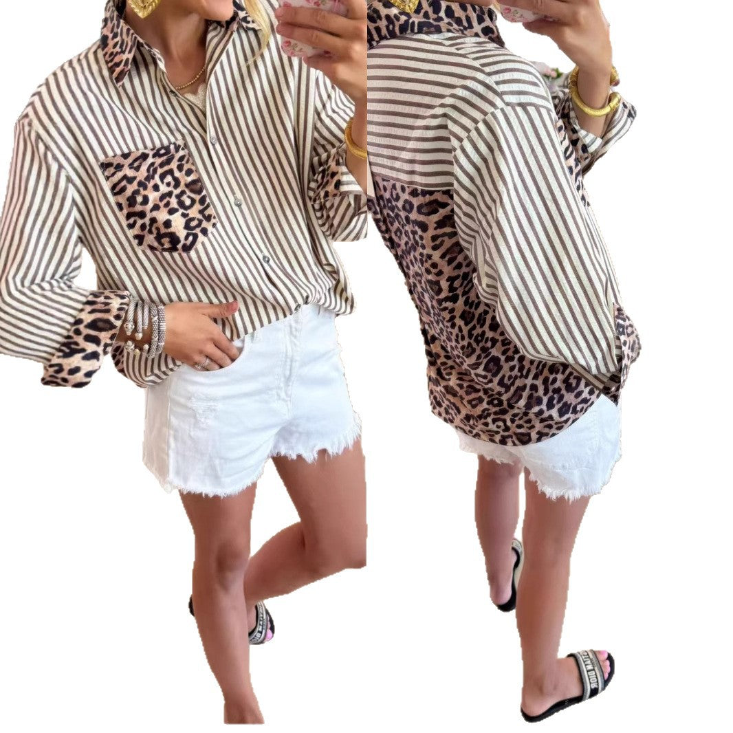 Fashionable Casual Versatile Long-sleeve Leopard-print Patchwork Cardigan Striped Shirt
