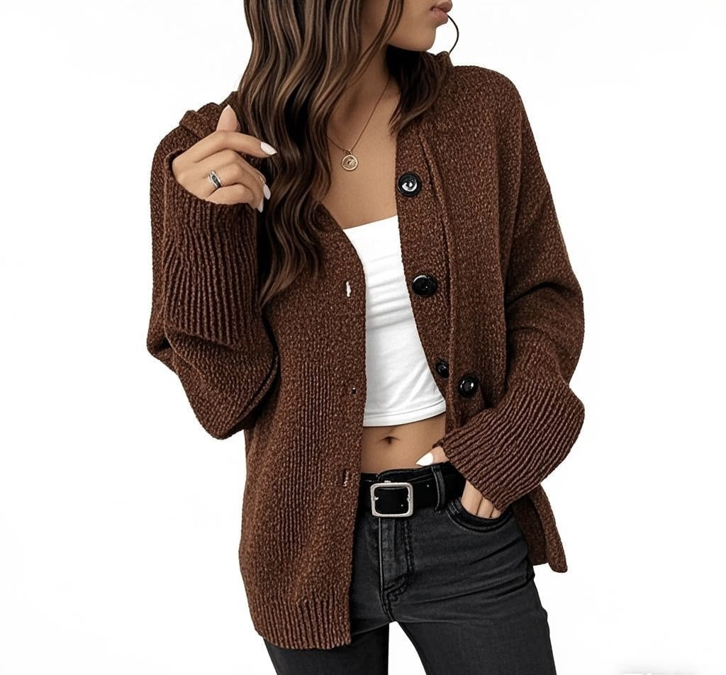 Women's Drawstring Knitted Solid Color Hooded Single-breasted Sweater