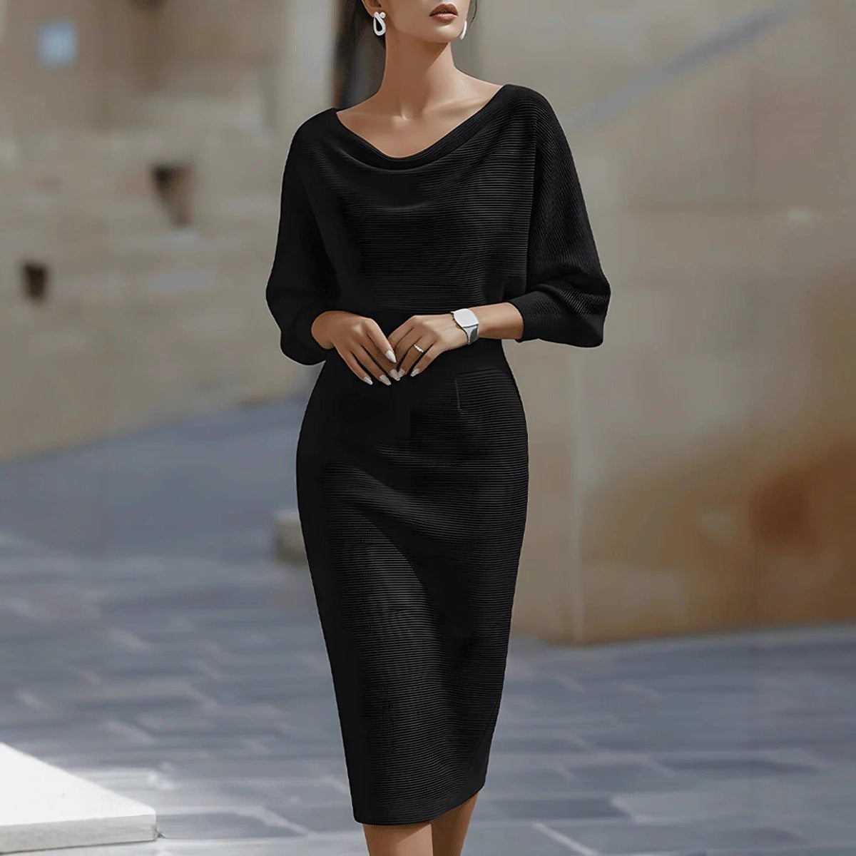 Pleated Batwing Sleeve Midi Dress - Women's Fashionable A-Line Casual Daywear