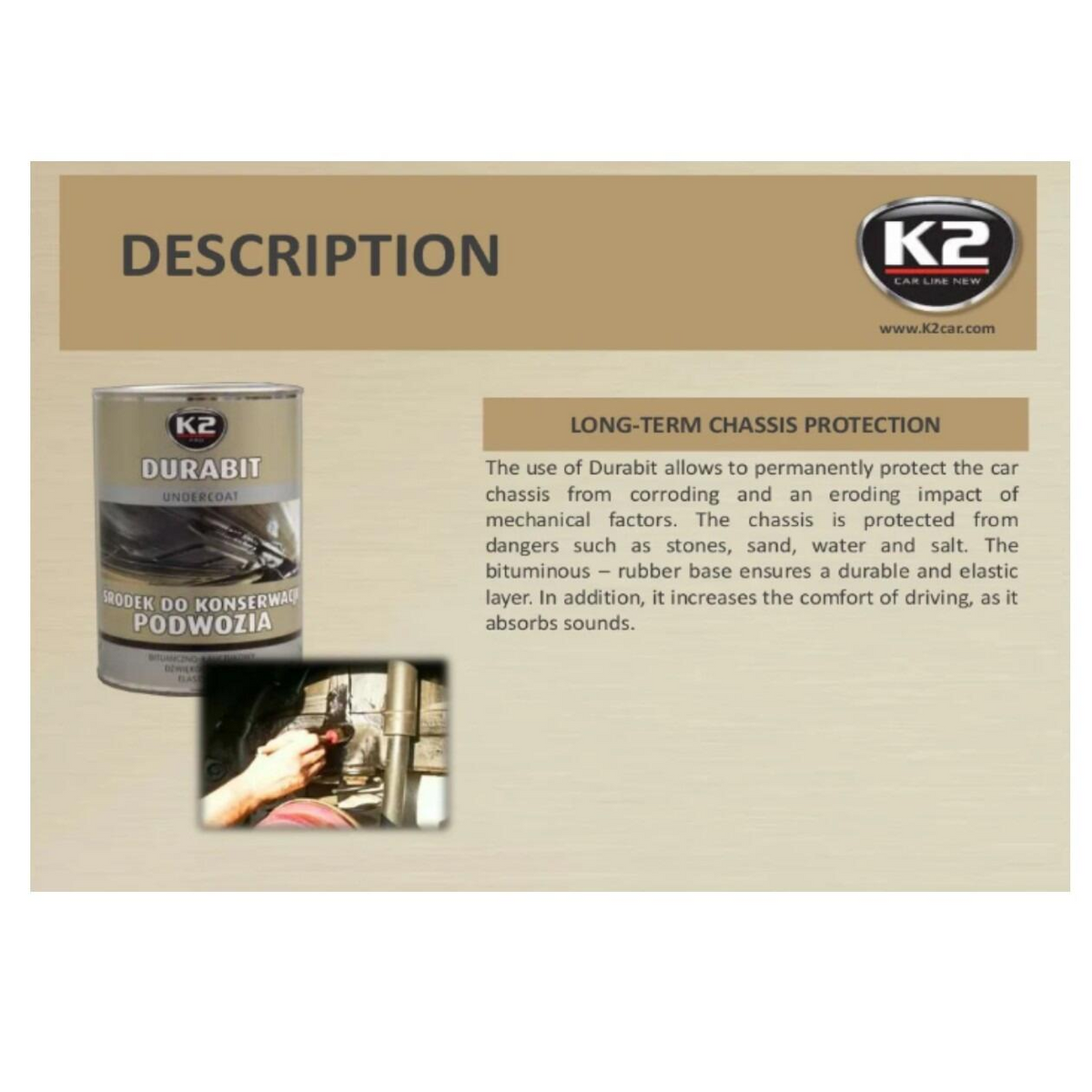 K2 DURABIT Undercoat 1L - Bitumen-Rubber Chassis Protection