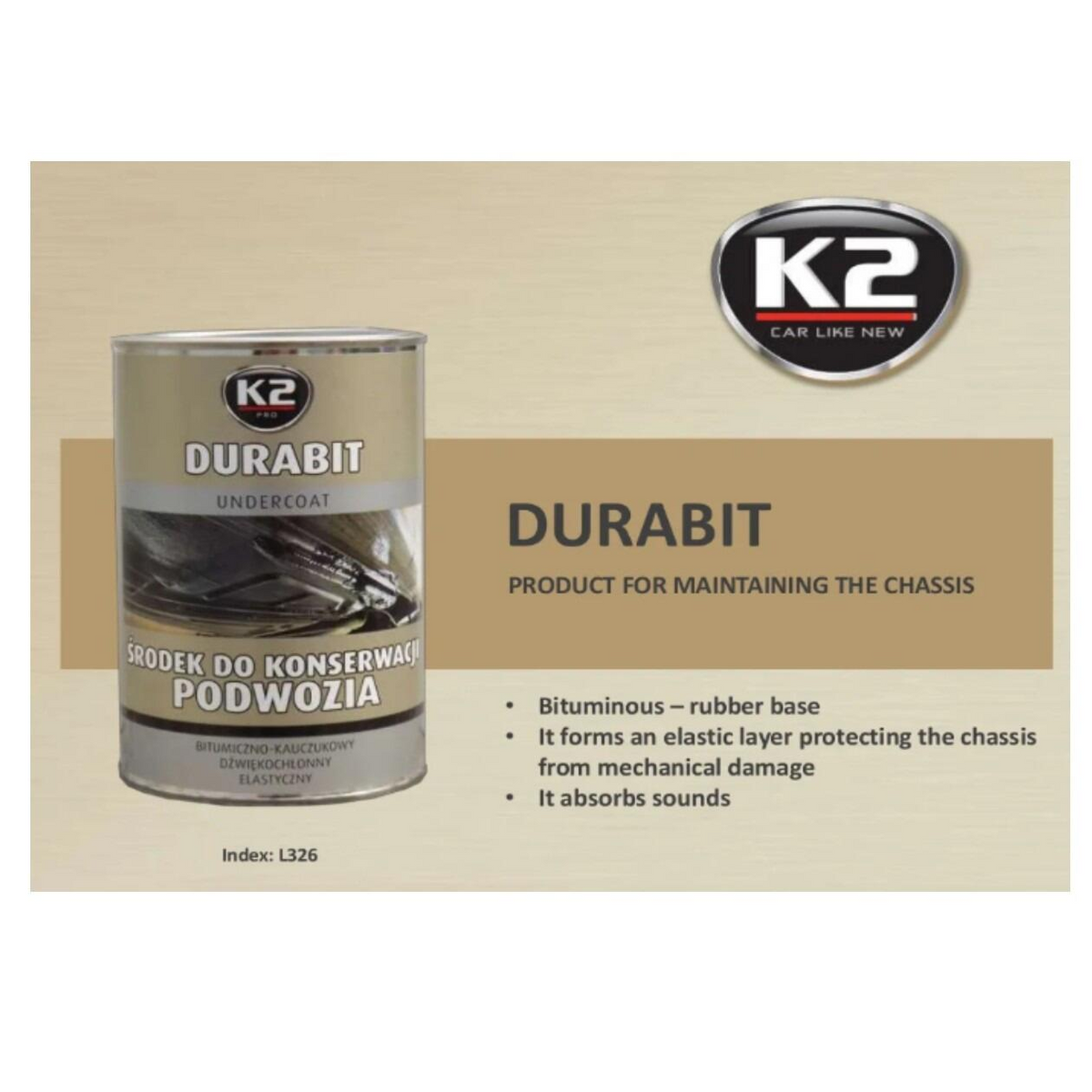 K2 DURABIT Undercoat 1L - Bitumen-Rubber Chassis Protection