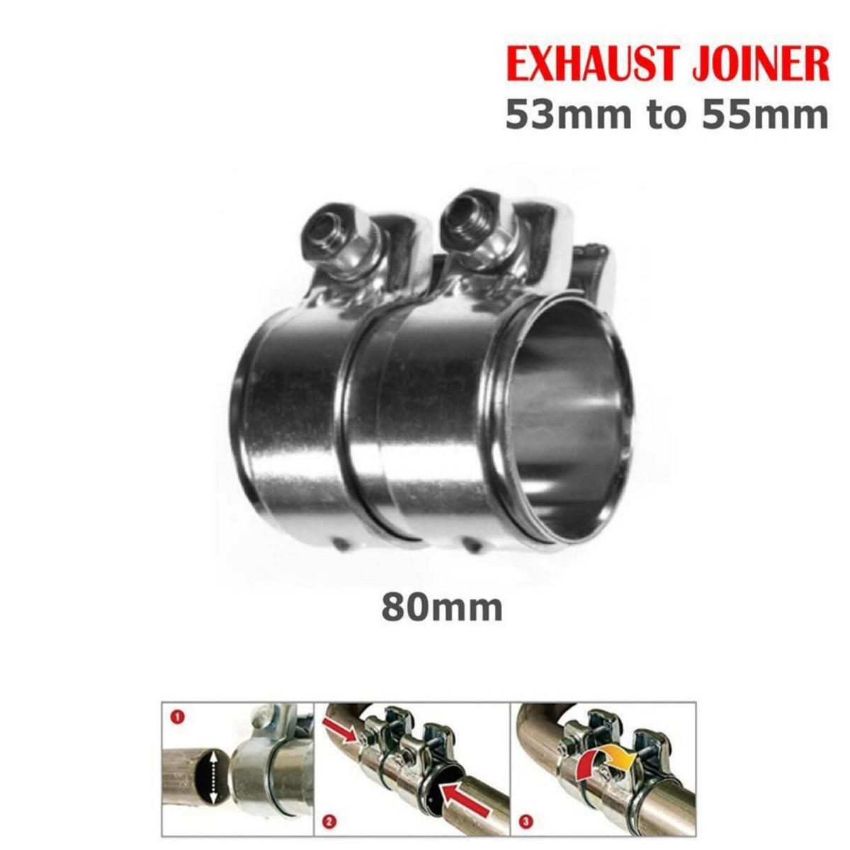 Heavy Duty Adjustable Car Exhaust Pipe Connector Joiner Clamp - 53mm to 55mm, 80mm
