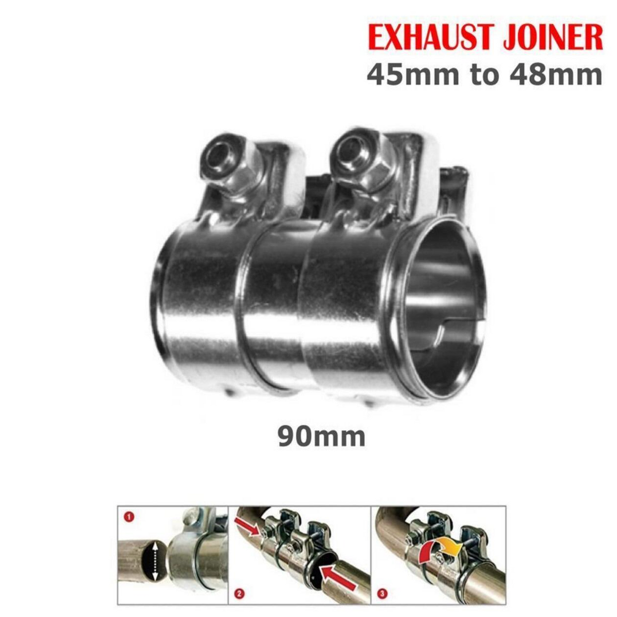 Heavy Duty Adjustable Car Exhaust Pipe Connector Joiner Clamp - 45mm to 48mm, 90mm