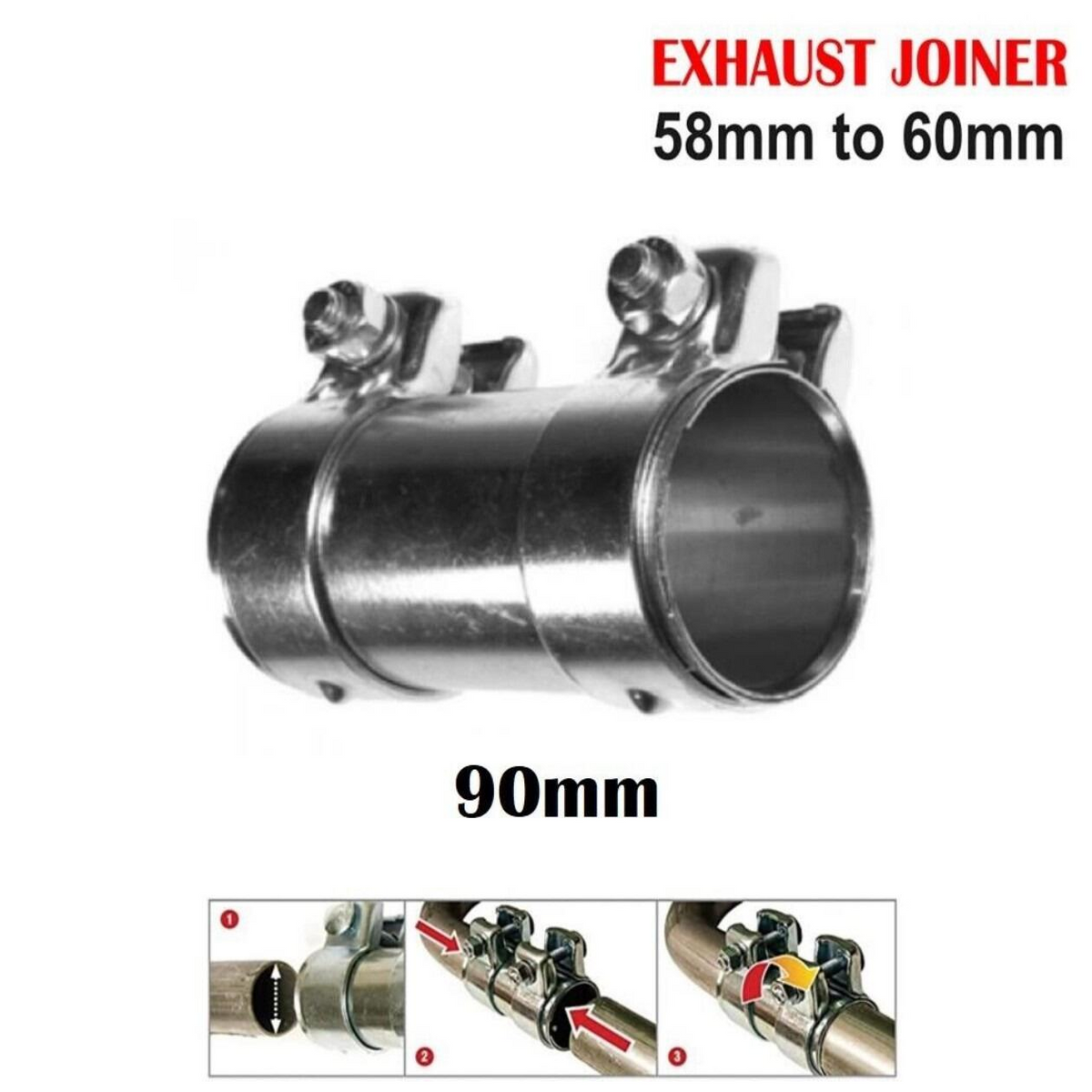 Heavy Duty Adjustable Car Exhaust Pipe Connector Joiner Clamp - 58mm to 60mm, 90mm