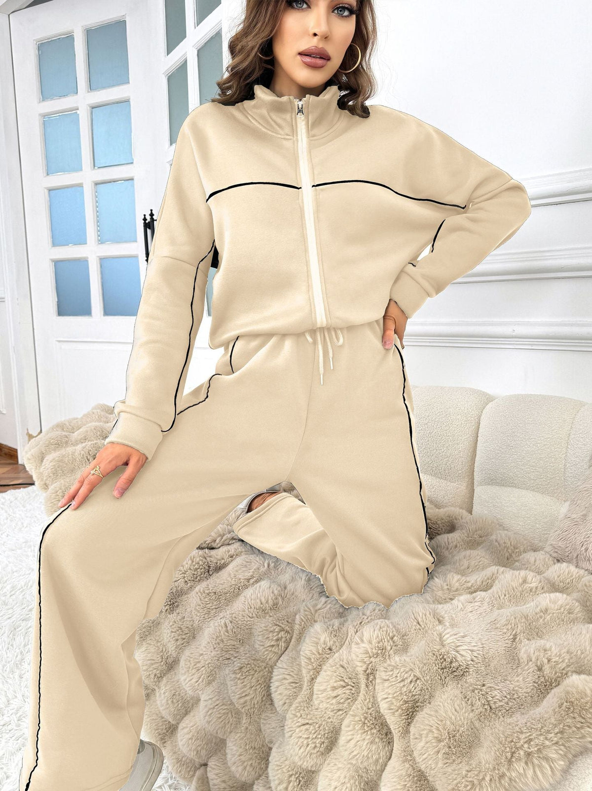 Women's Casual Long-sleeved Half Turtleneck Cardigan Sweater Lace-up Striped Trousers