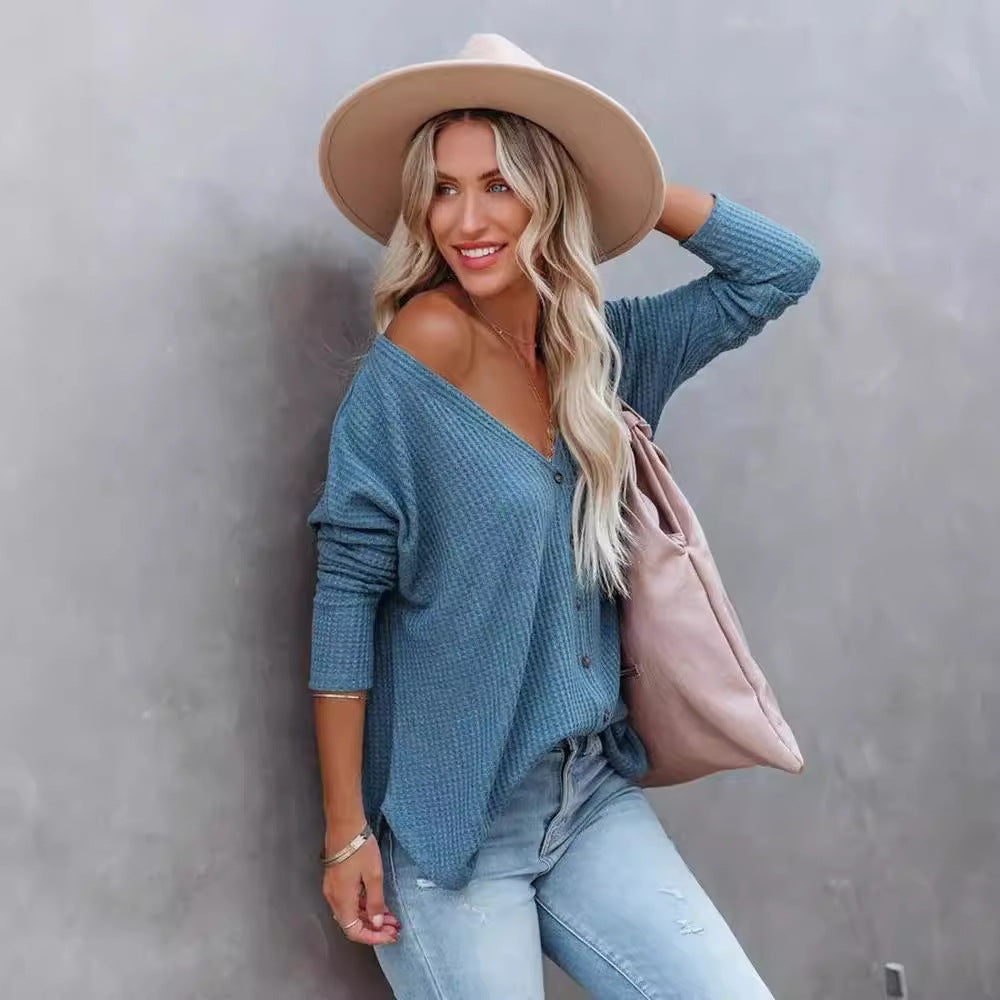Long Sleeve Button Loose Top T-shirt