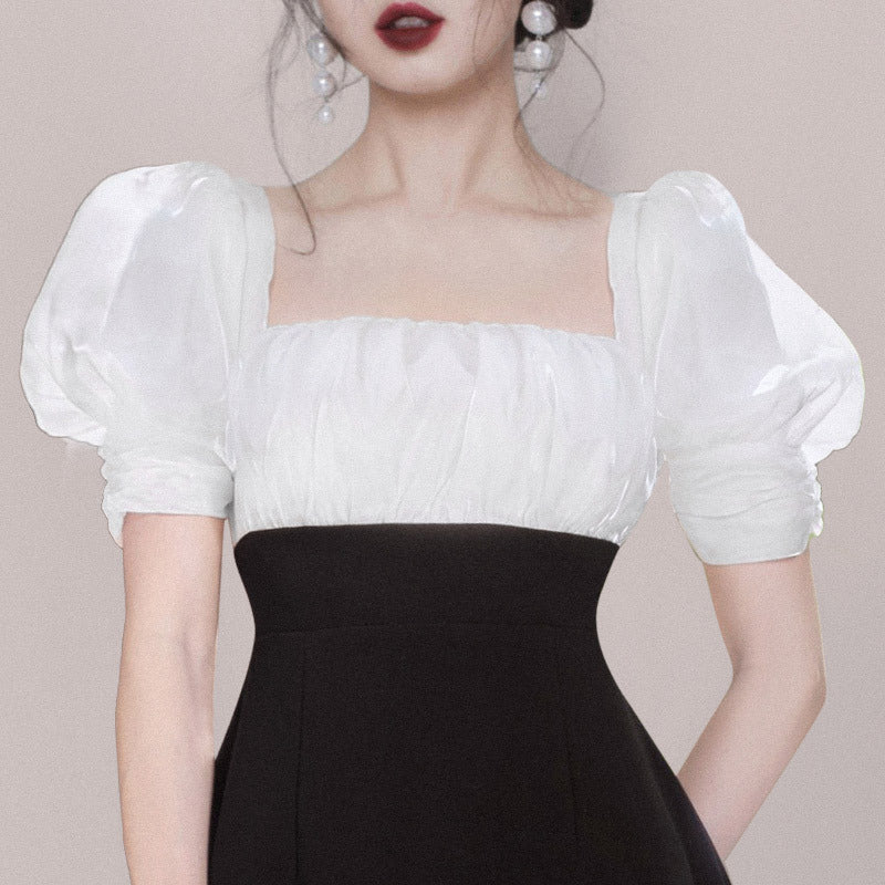 Square Neck Patchwork Dress With Bubble Sleeves