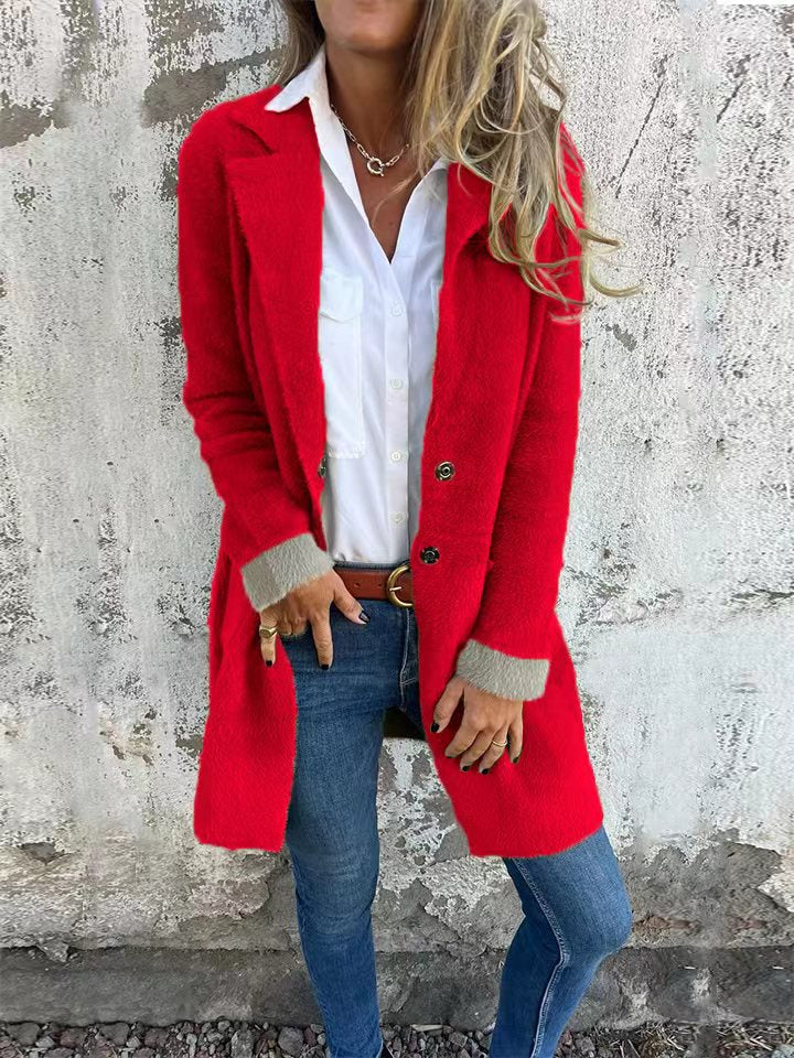 Polo Collar Pocket Cardigan Single-breasted Mid-length Plush Coat
