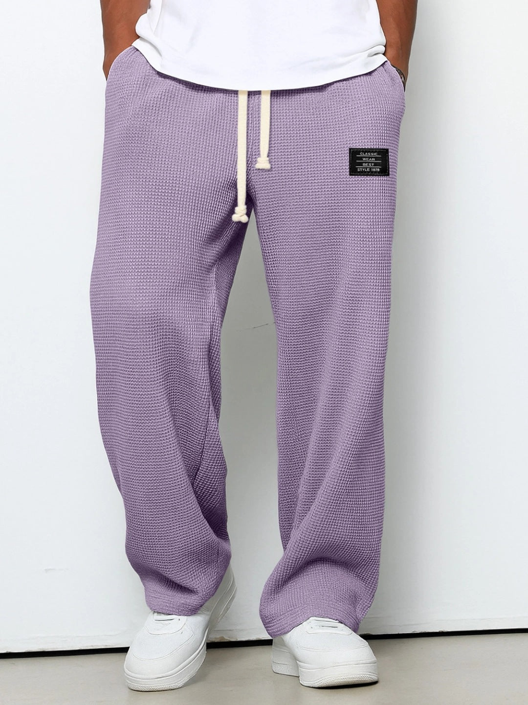 Waffle Straight Pants Fashion Brand Loose Loose  Drawstring Pockets Trousers Casual Men's Clothing