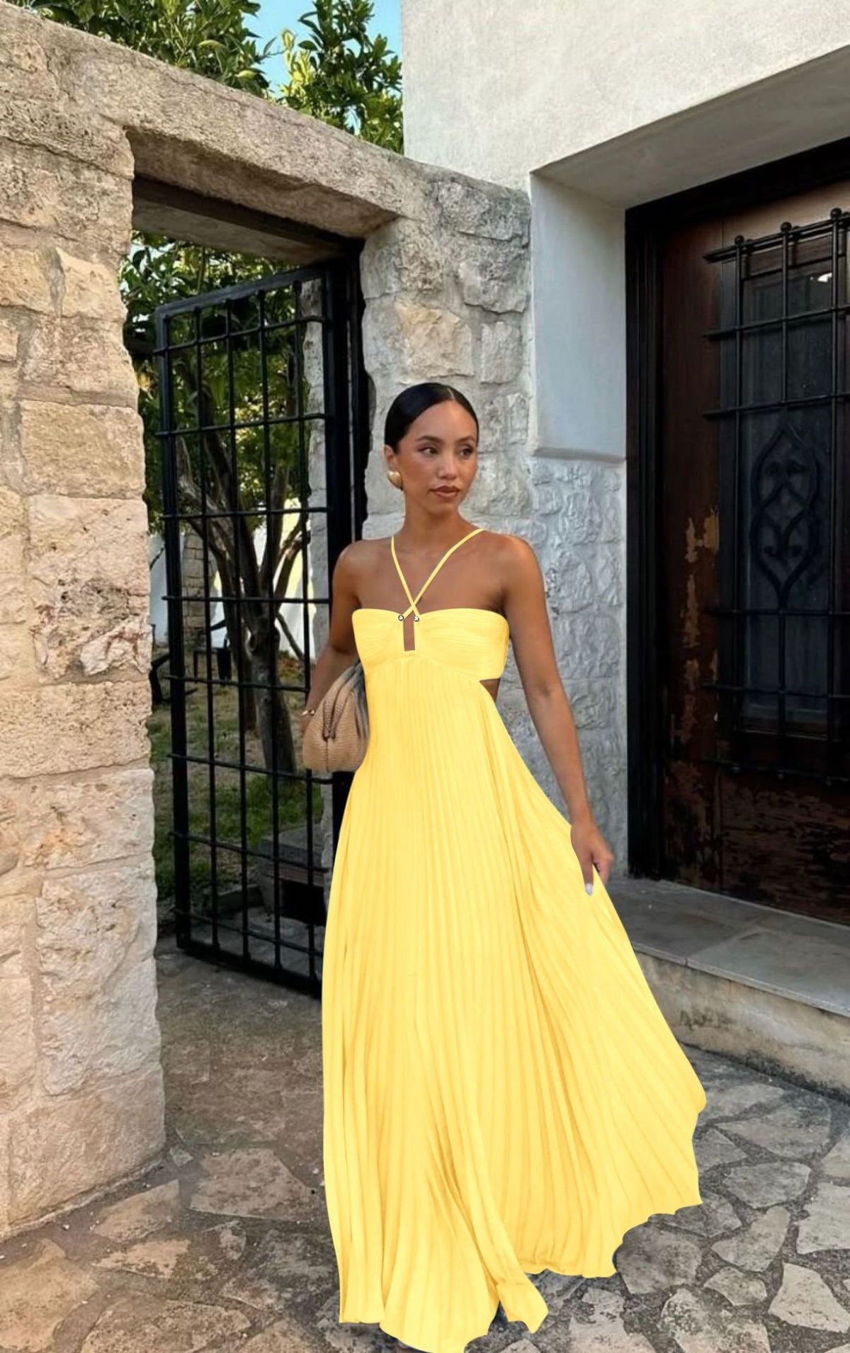 Ins Pleated Sleeveless Sling Dress Hollow High Waist Halter Robe Dresses For Evening Party Club Clothing Women