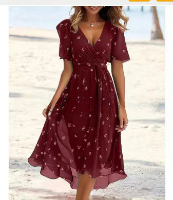 Flowers Printed V-neck Dress Summer A-line Short-sleeved Dresses For Women