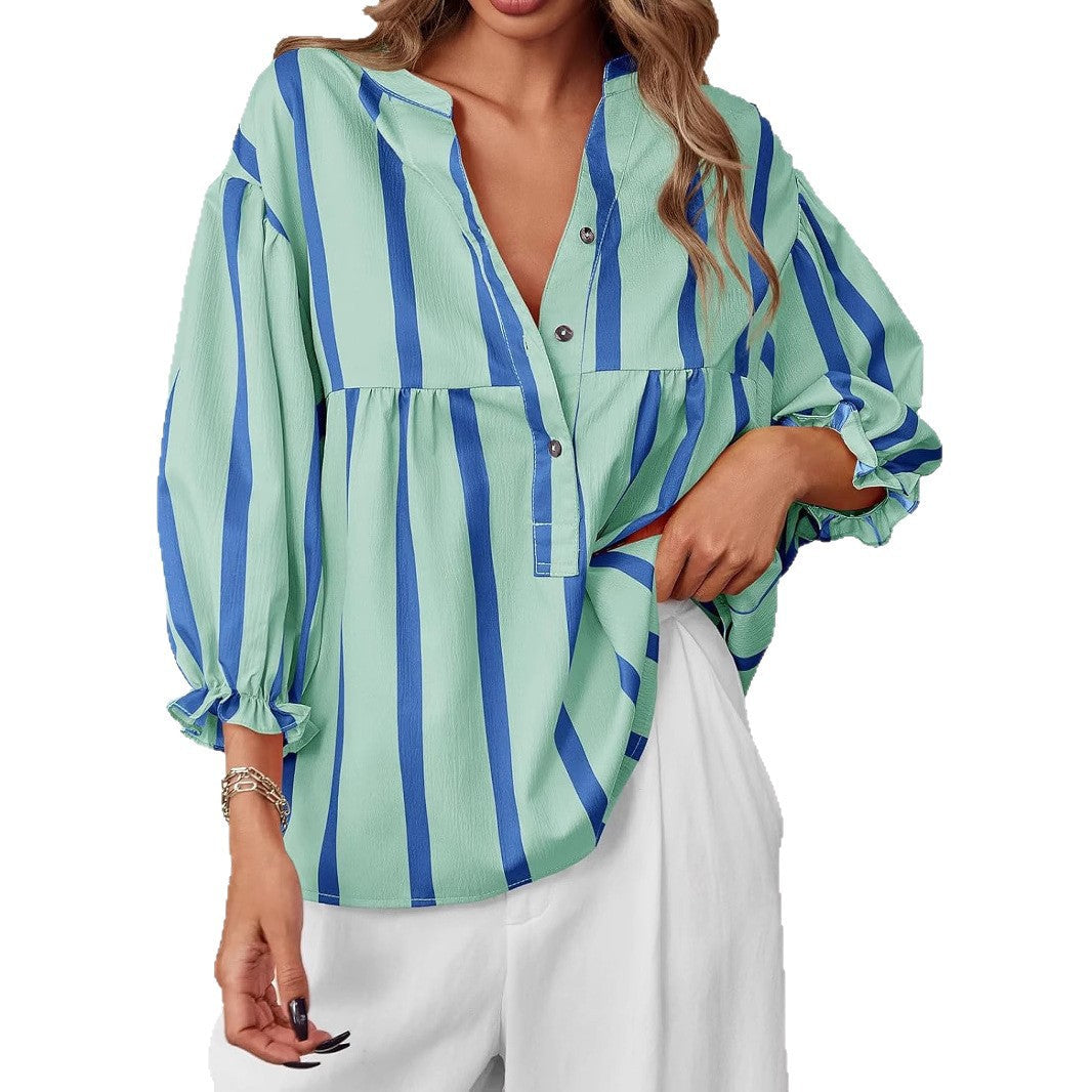 Women's Striped Puff Sleeve Top | Loose Fit Long Sleeve Pullover