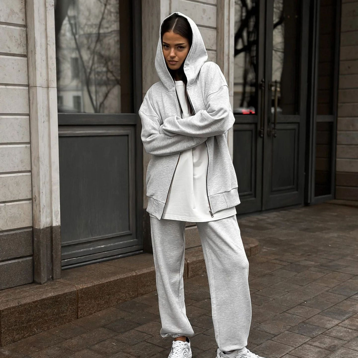 Street Style Long-sleeved Coat And Trousers Two-piece Set