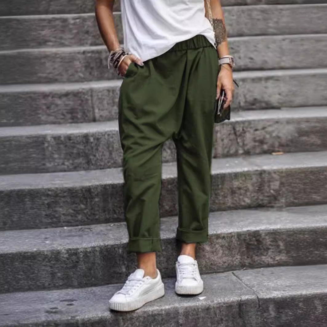 Women's Casual Pants With Pockets Elastic High Waist Harem Trousers Fashion Streetwear Clothing