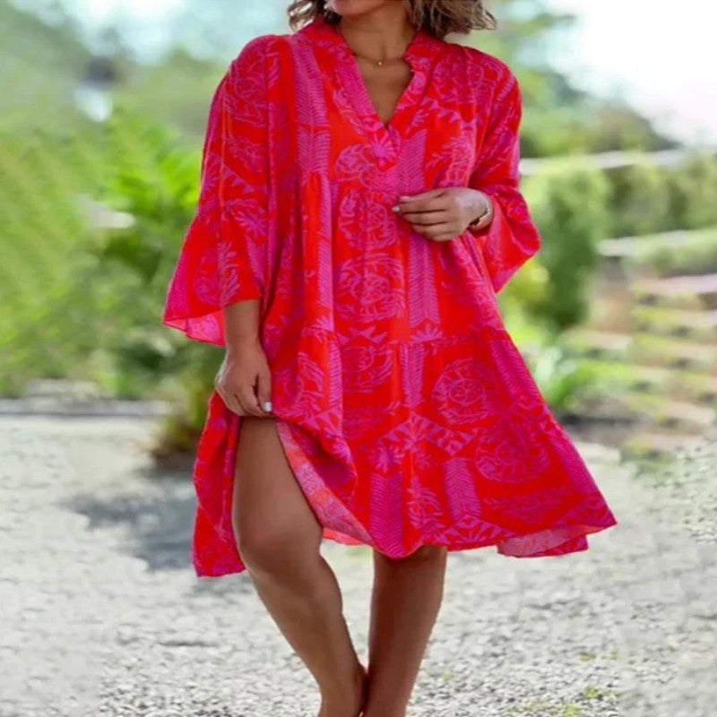 V-neck Flared Sleeve Cake Style Patchwork Dress