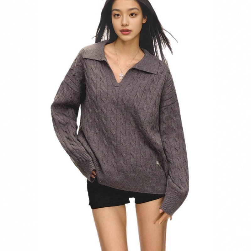 Lapel Twisted Pullover Sweater For Women