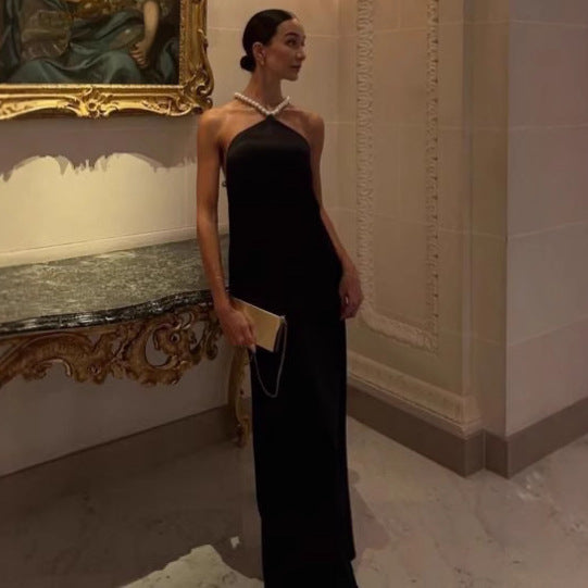 French Sexy Black Premium Halter Backless Dress Birthday Party