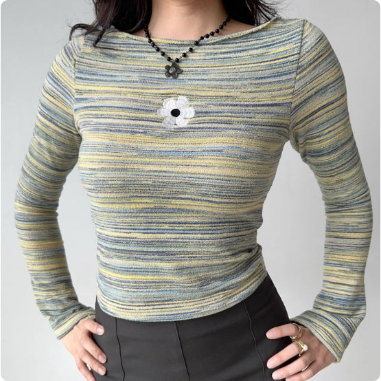 Women's American-style Retro Contrast Striped Shoulder Slim-fit Crop-top