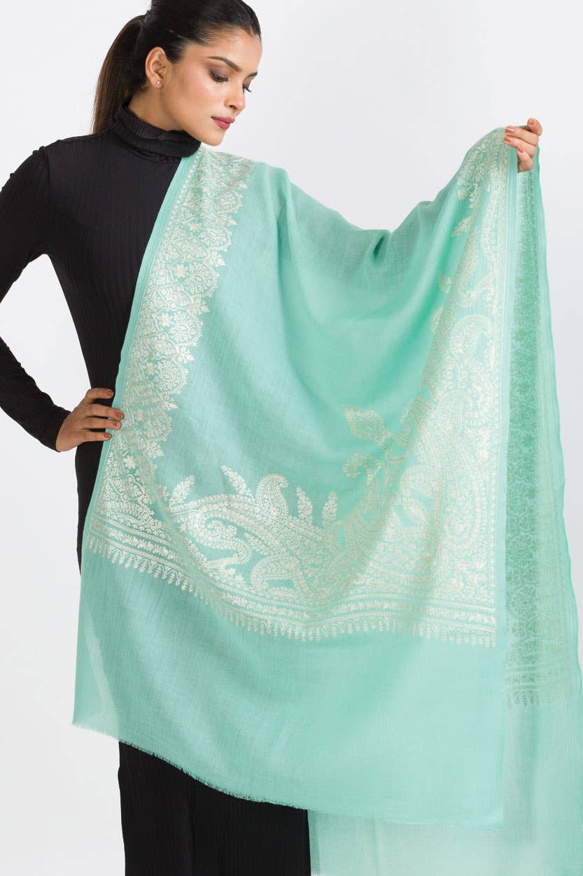 MerinWool Embroidered Shawl Wrap – Mint Green Kashmir-Inspired Border/Cozy Autumn/Winter Scarf