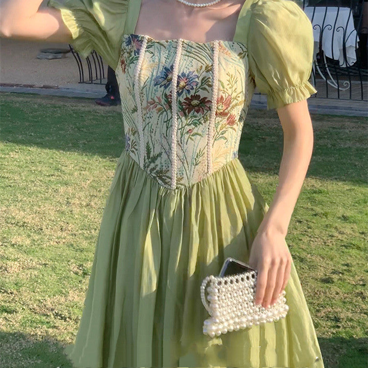 Square Neck Vintage Oil Painting Sense Patchwork Dress