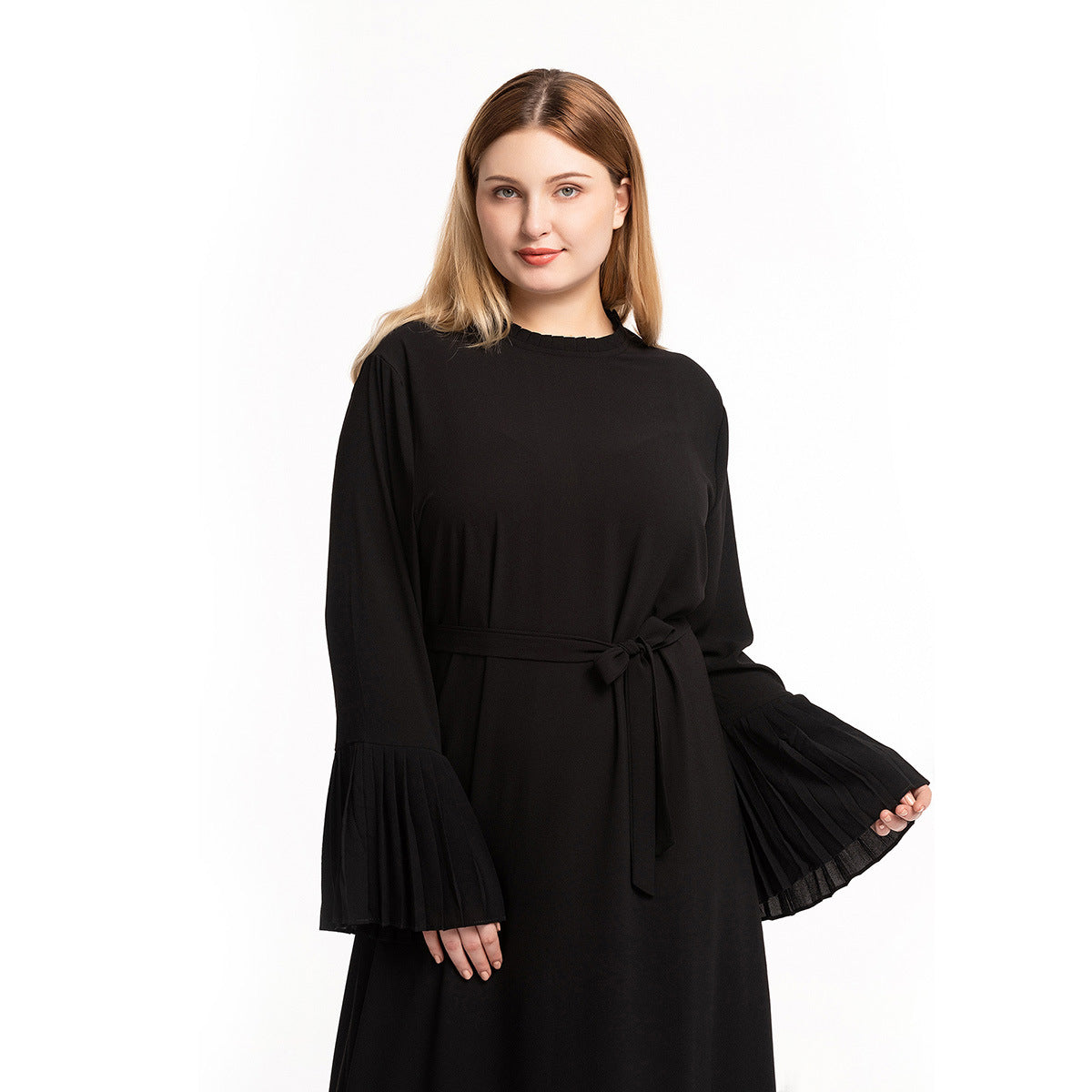 Women's Crew Neck Pleated Patchwork Horn Sleeve Slim Dress
