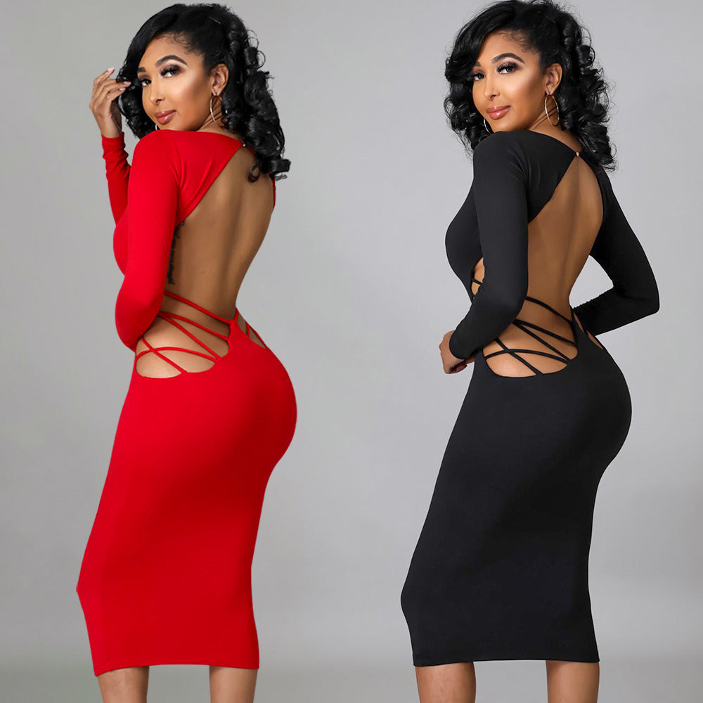 Women's Fashion Skinny Backless Hollow V-Neck Dress