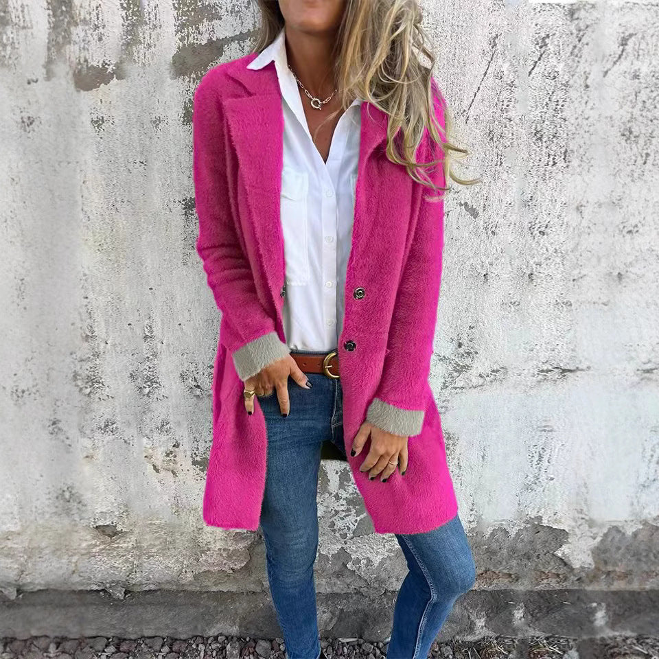 Polo Collar Pocket Cardigan Single-breasted Mid-length Plush Coat