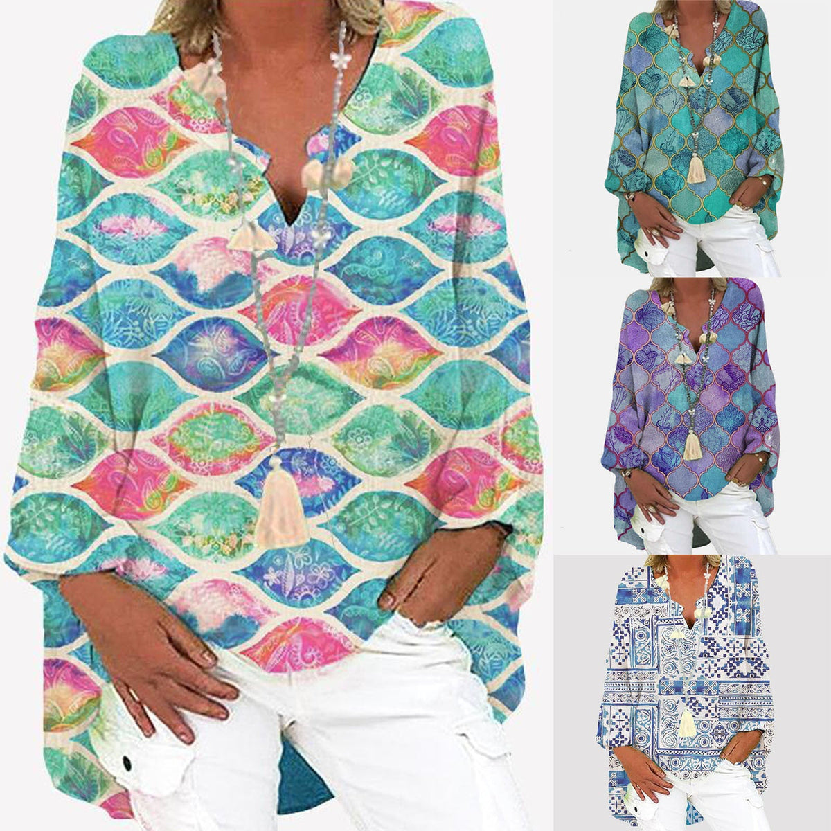 Printed Patchwork V-neck Long Sleeve Plus Size Dress