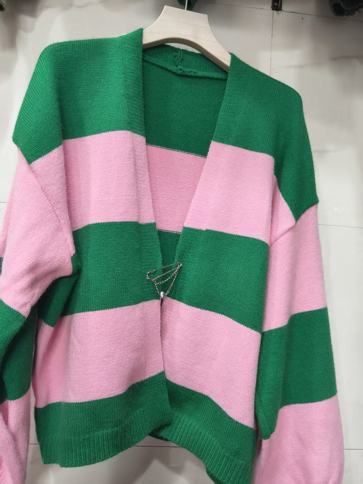 European And American Style Contrast Color Striped Cardigan Women's Loose Long Sleeve Sweater Coat