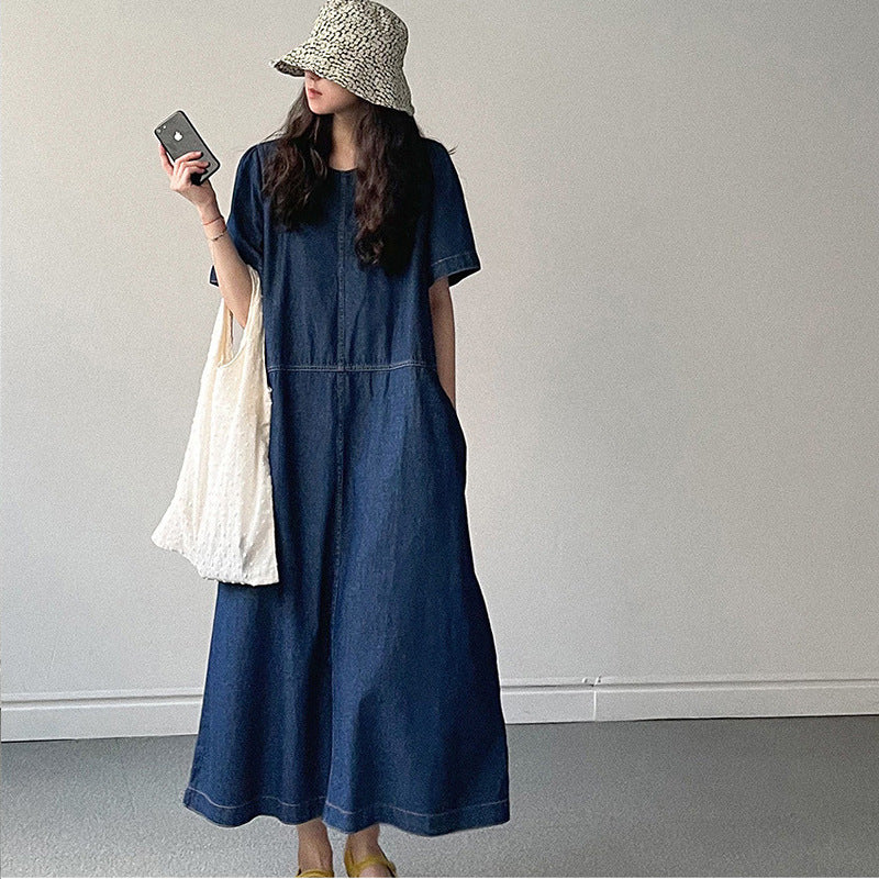 Summer Retro Temperament Crew Neck Bright Line Denim Dress Women
