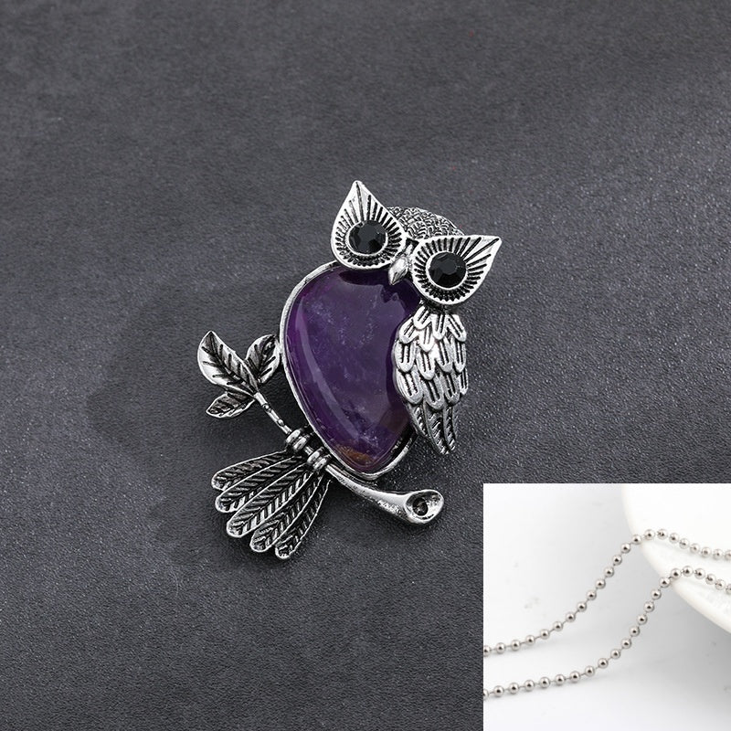 Natural Stone Crystal Pendant Owl Pendant Alloy Accessories Necklace