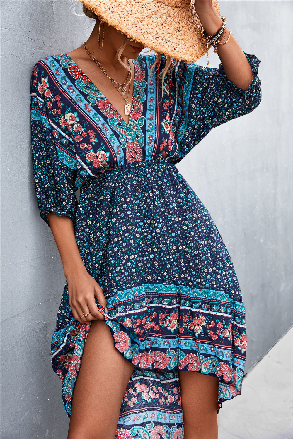 Bohemian V-neck Positioning Flower Irregular Backless Dress