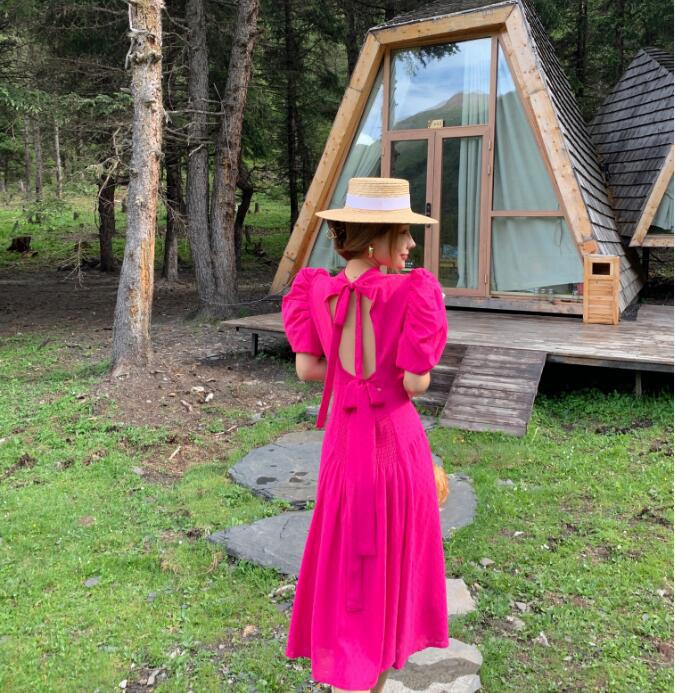 Red Strap Bubble Sleeve Backless Dress Summer