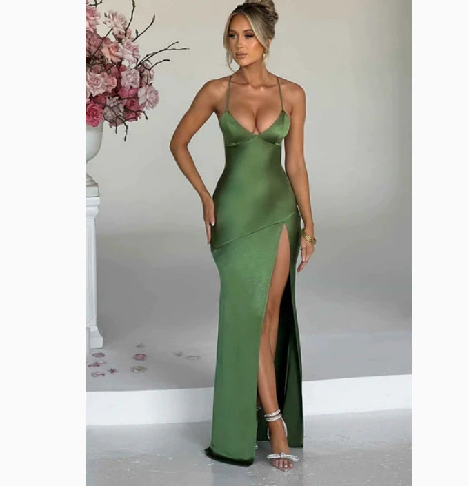 Women's V-neck Brace Satin Split Backless Long Dress