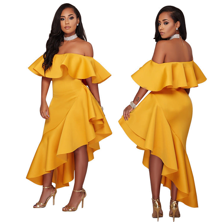 One-line Neck Ruffled Backless Ladies Dress Dress Long Skirt