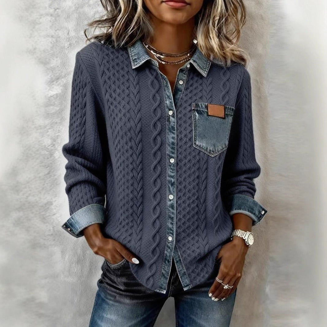Women's Knit & Denim Patchwork Shirt | Loose Fit Casual Top