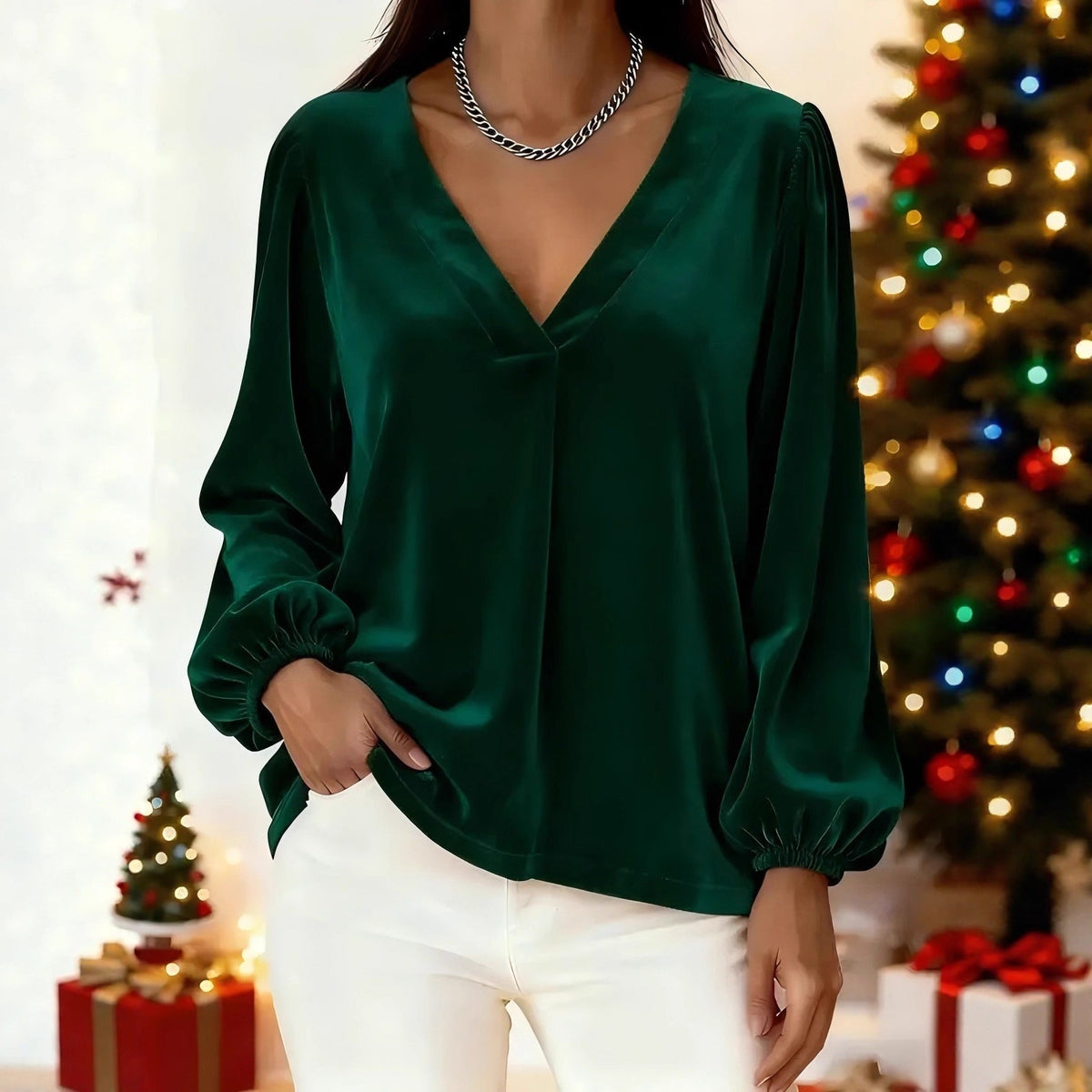 Velvet V-neck Elegant And Luxurious Lantern-sleeve Women's Top