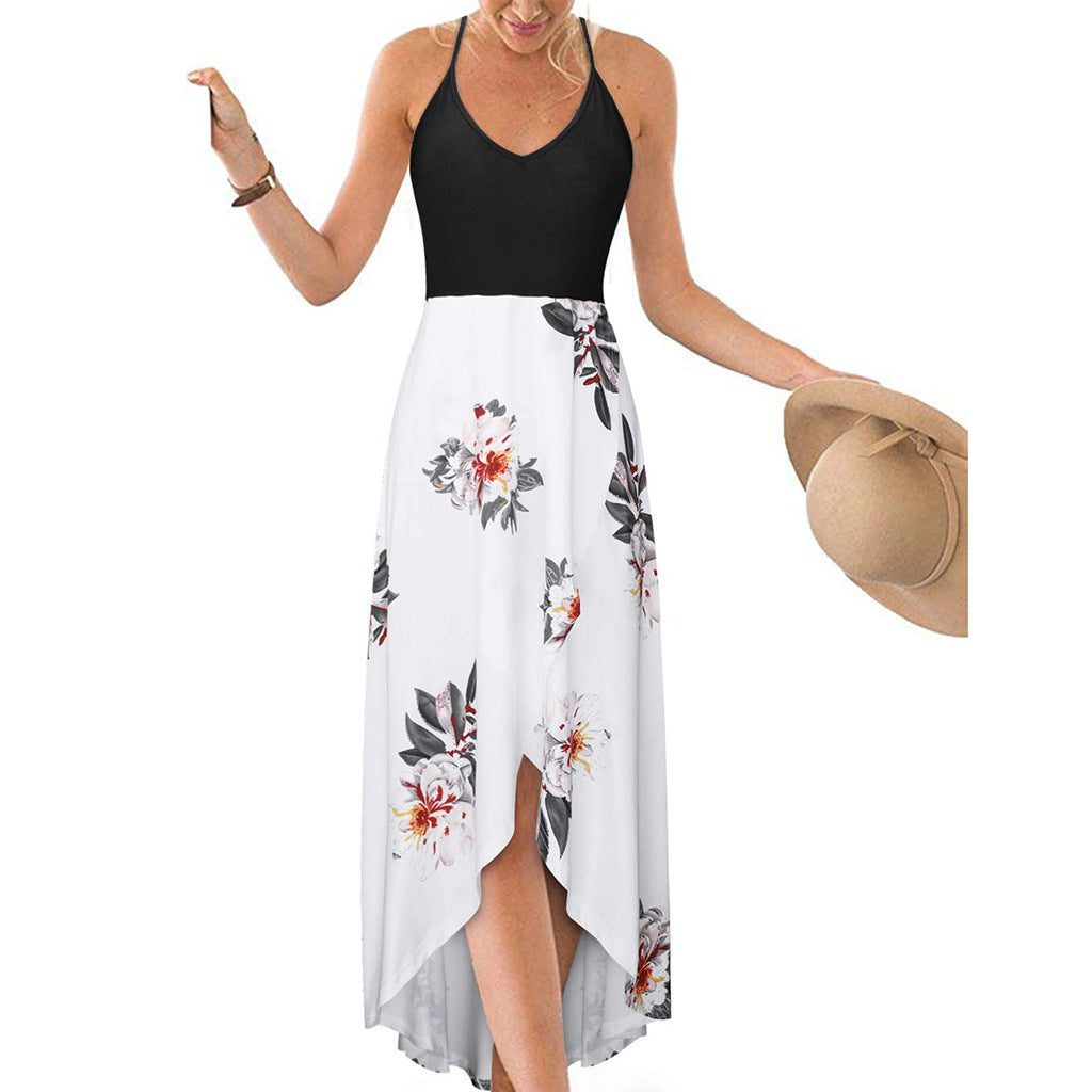 V-neck Strap Sleeveless Backless Color-matching Dress