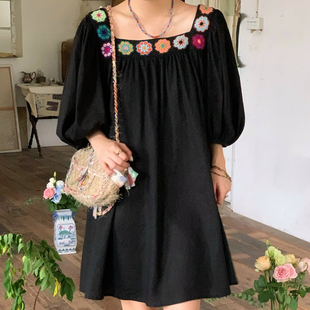 Black Retro Square Neck Dress For Women