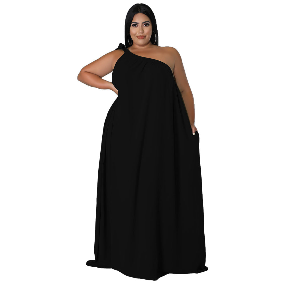 Sleeveless One-shoulder Halter Solid-color Dress Maxi Dress