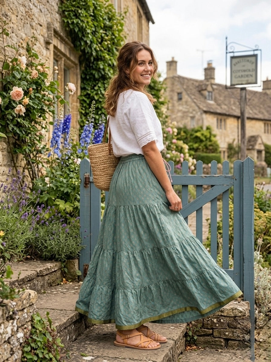 Blackfever Women's Sage Green Maxi Skirt - 100% Cotton with Gold Print