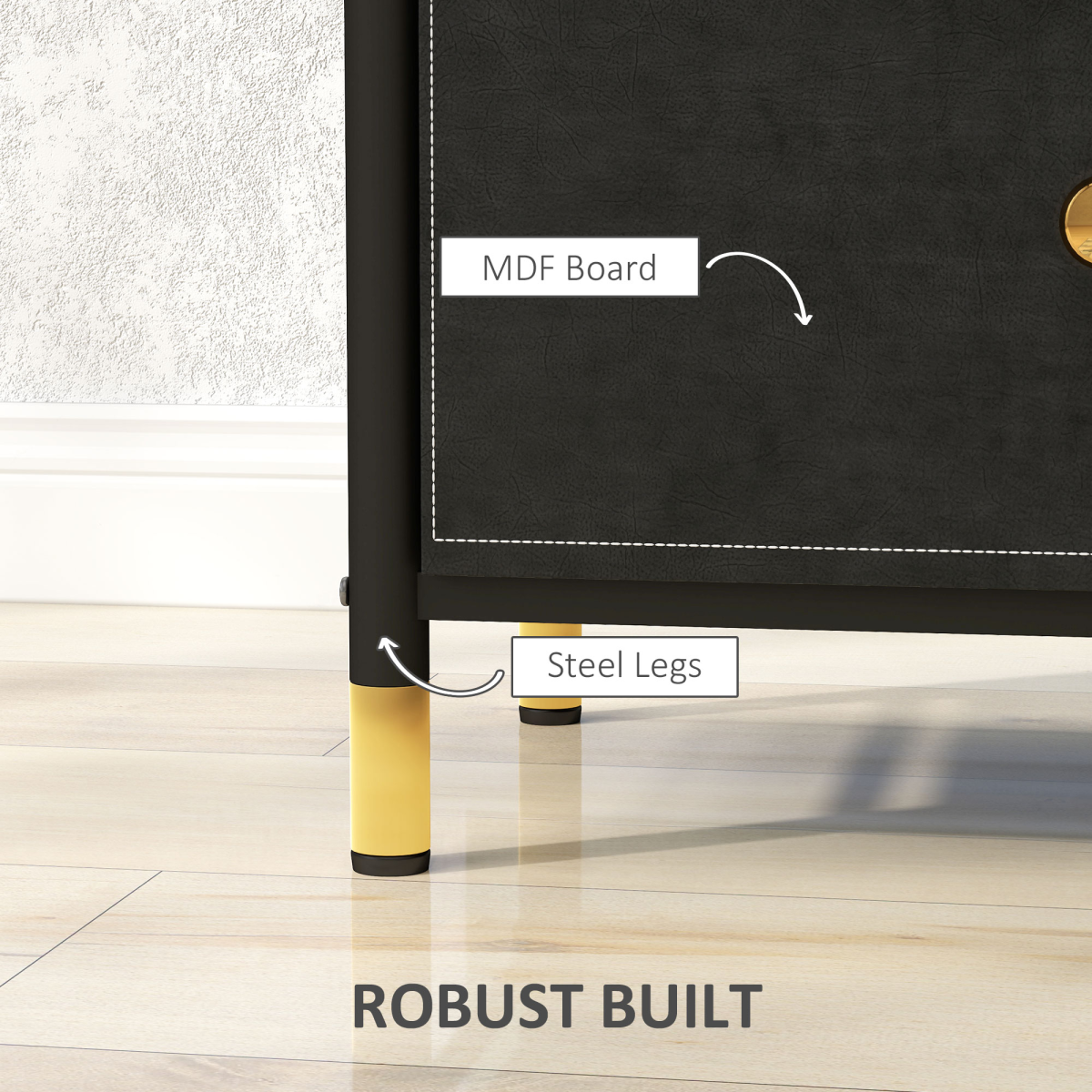 HOMCOM PU Leather Bedside Table with 2 Drawers and Steel Legs, Black