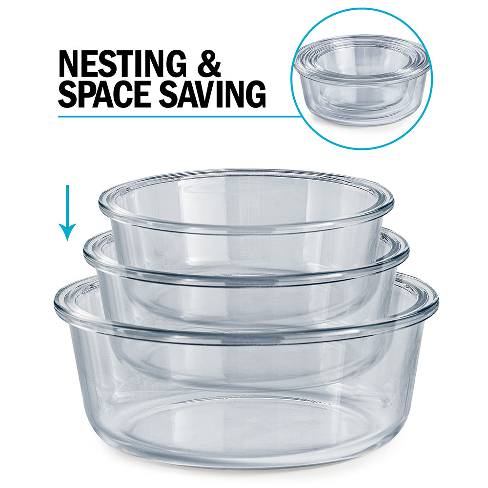 Glass Stackable Round Food Storage Containers – 3 Pack (400ml, 650ml & 950ml)..