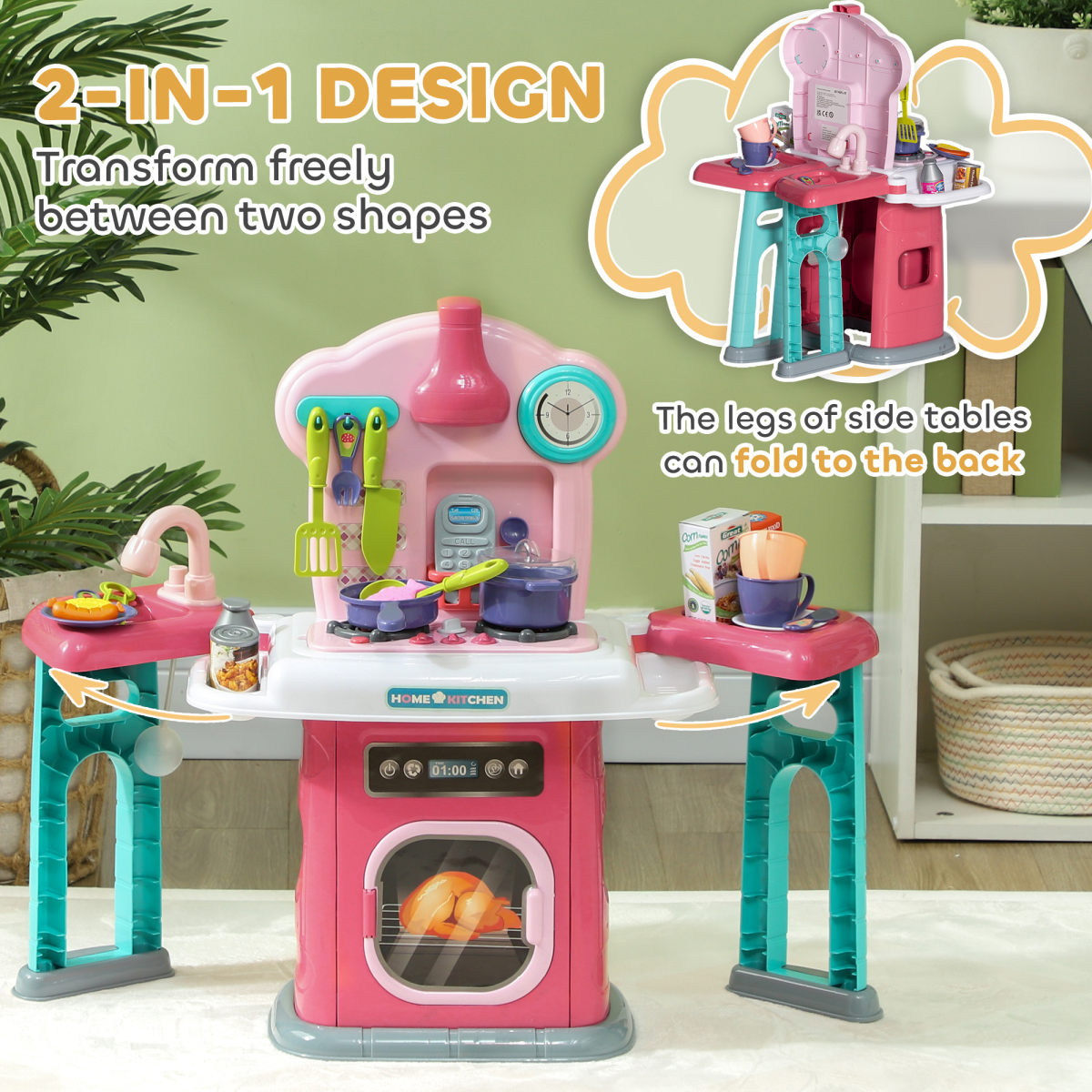 AIYAPLAY 45 Pieces Kids Kitchen w/ Rotating Tables, Light, Sound, Spray