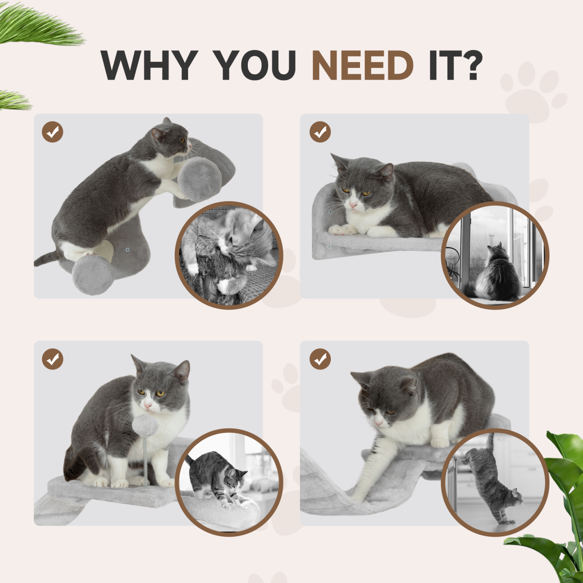 PawHut 4PCs Cat Wall Shelves with Steps, Ladder, Jumping Platforms